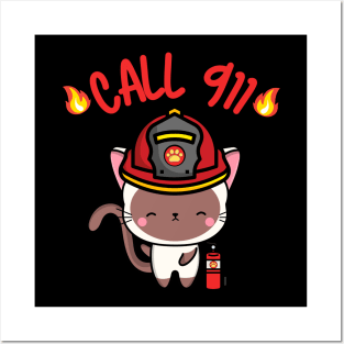 Firefighter White cat Posters and Art